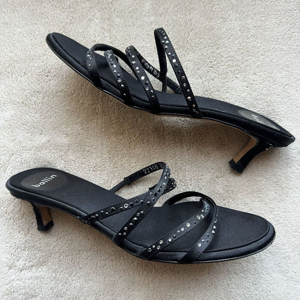 Ballin Black Satin & Rhinestones Slide Strappy‎ Sandal Women EU 35 US 5 Low Heel